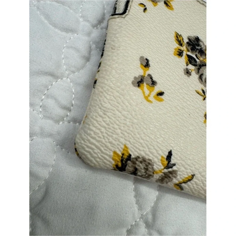 Coach Floral Mini Wristlet Cream Yellow Black Rose Print Zip Pouch